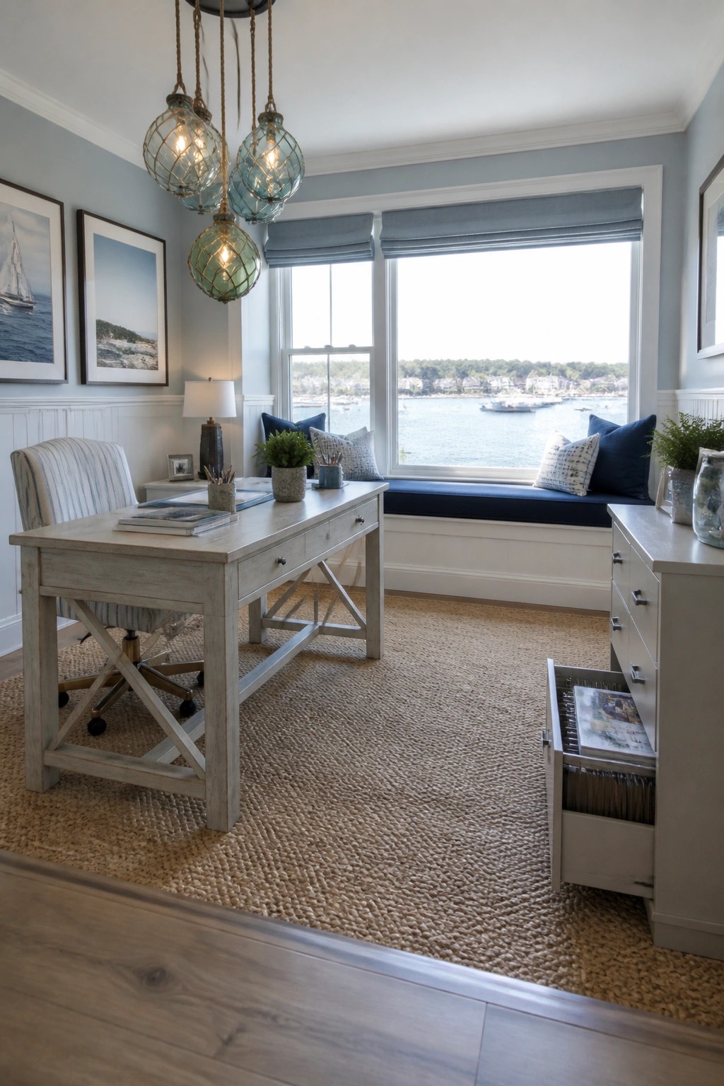 A home office interior featuring a light wood desk on a woven rug, a striped office chair, a large window with a built-in blue cushioned bench seat, and glass pendant lights overhead.