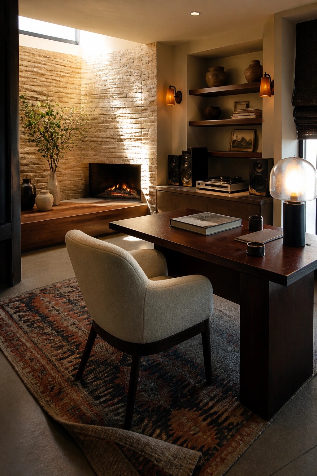 Modern wooden desk with white chair on patterned rug by brick fireplace