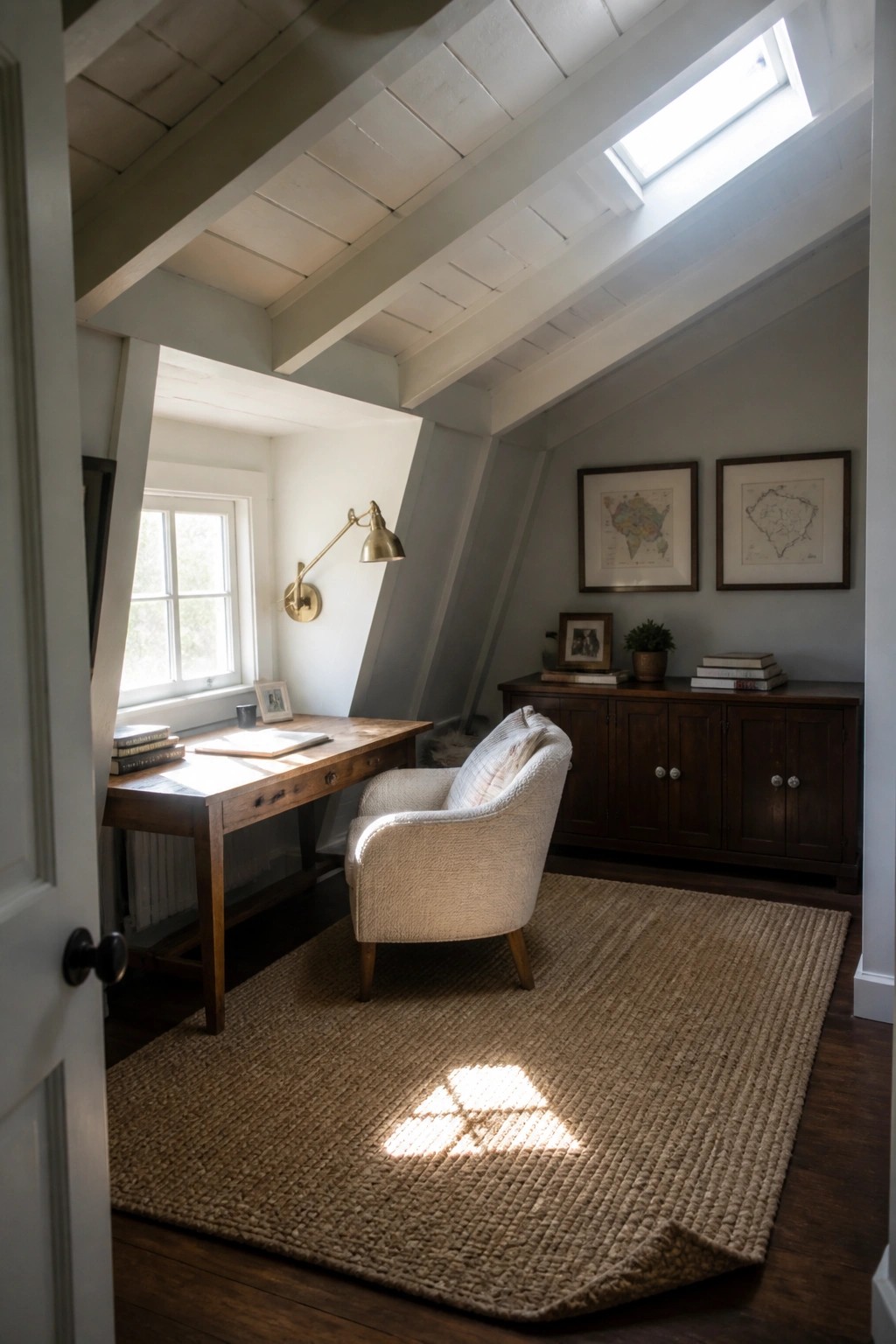 An attic home office with a wooden desk under a window, a white armchair on a jute rug, dark wood cabinet, framed maps on the wall, and a skylight in the sloped ceiling.