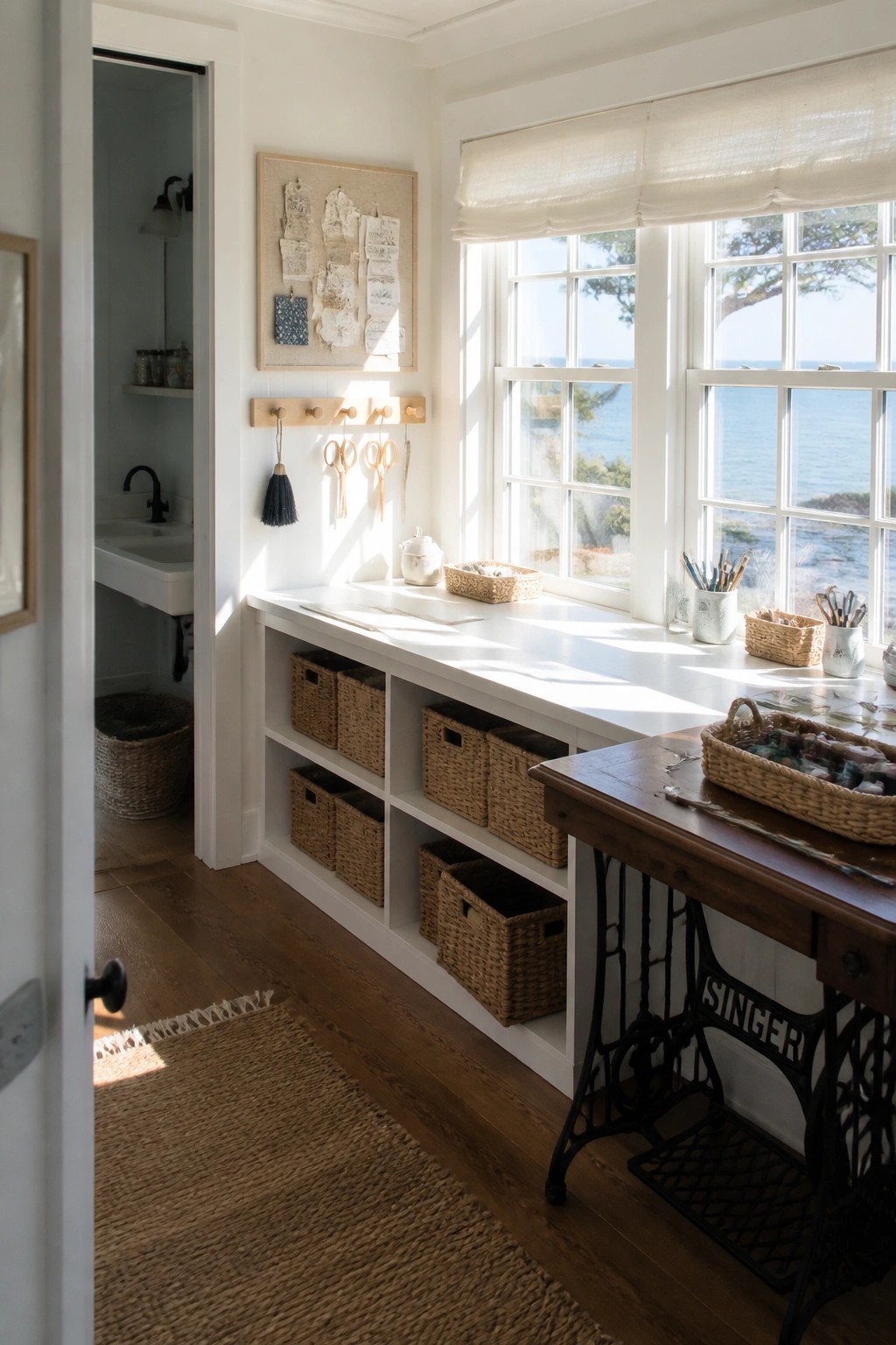 A bright interior with a long white built-in desk and cubby shelves filled with woven baskets, a vintage sewing machine table, and large windows overlooking the ocean.