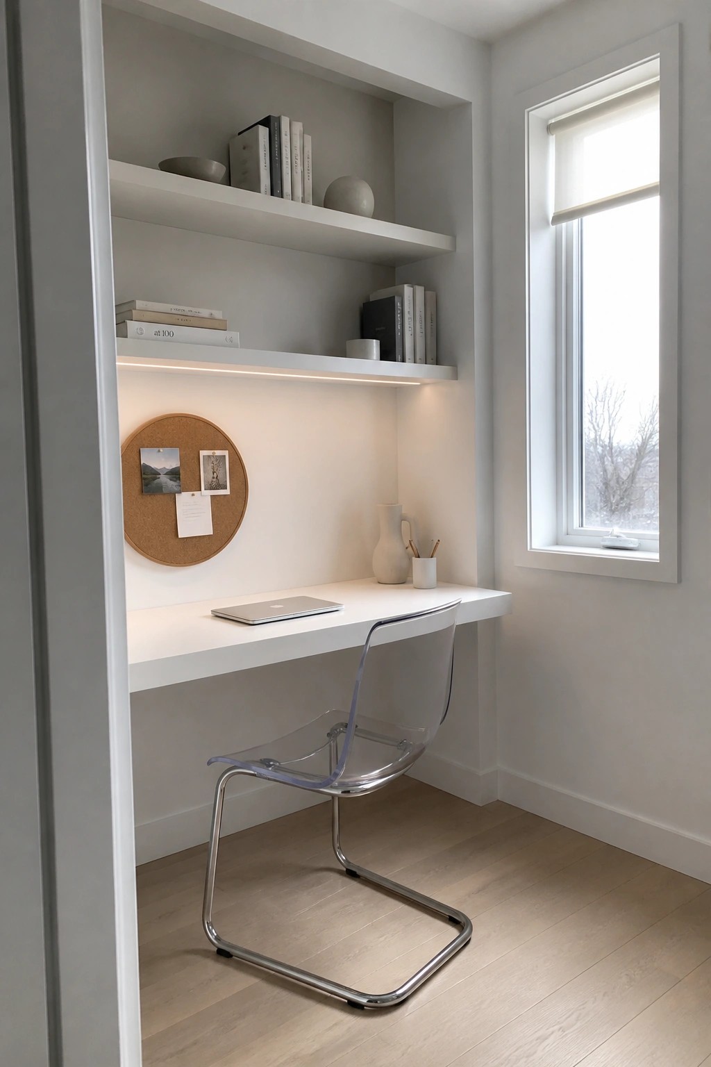 Minimalist white built-in desk with shelves, laptop, corkboard, and transparent chair.