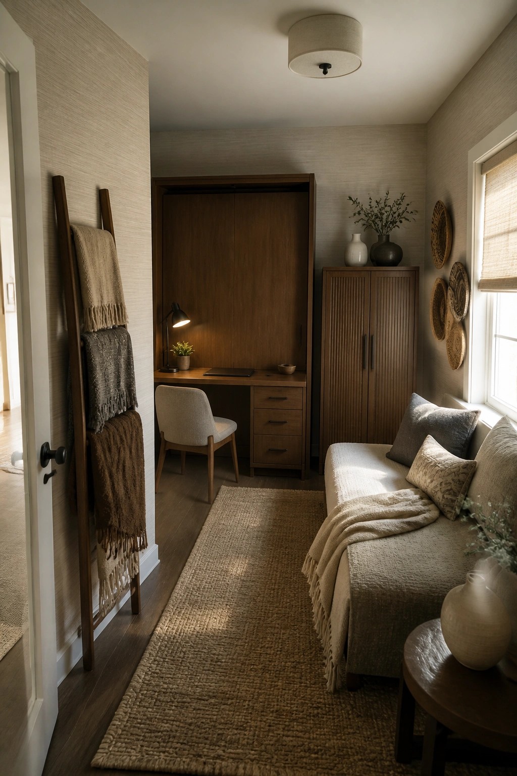 A narrow room with a built-in wooden desk and tall cabinet unit, a desk chair, a beige sofa with pillows, and a woven rug on dark flooring.
