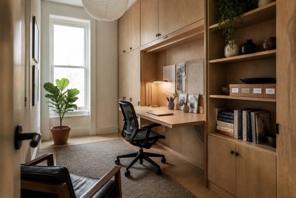 Minimalist home office with built-in wood desk, black chair, hanging lantern, and open shelves.