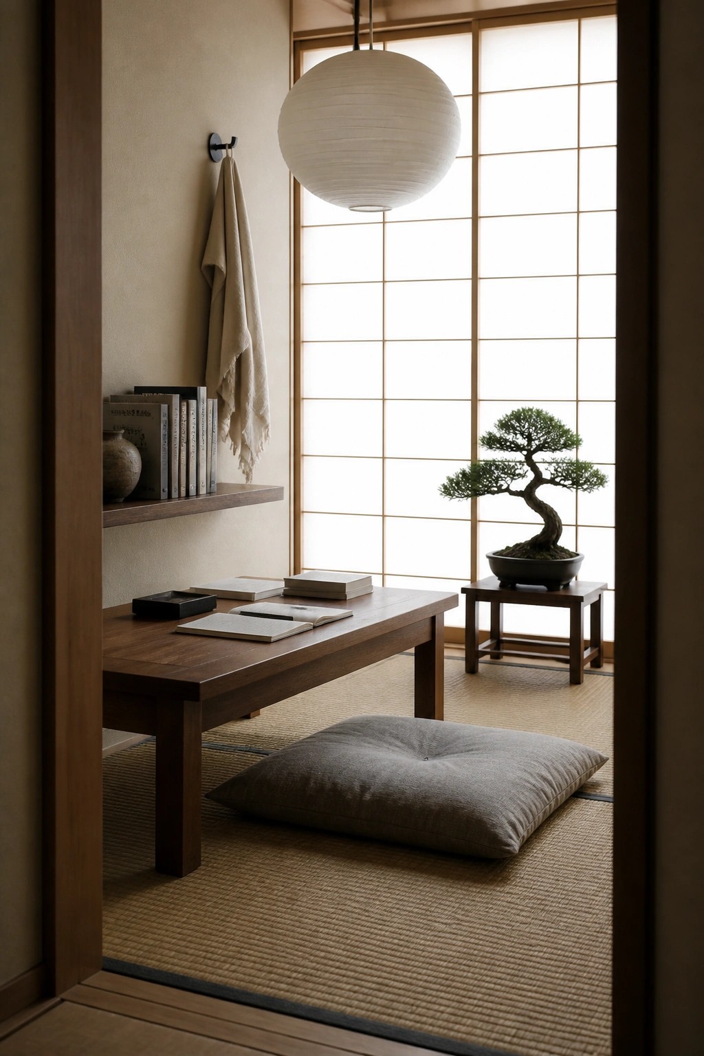 A low wooden table with an open book and cushion on tatami flooring, next to a bonsai on a small stand and a wall shelf with books.