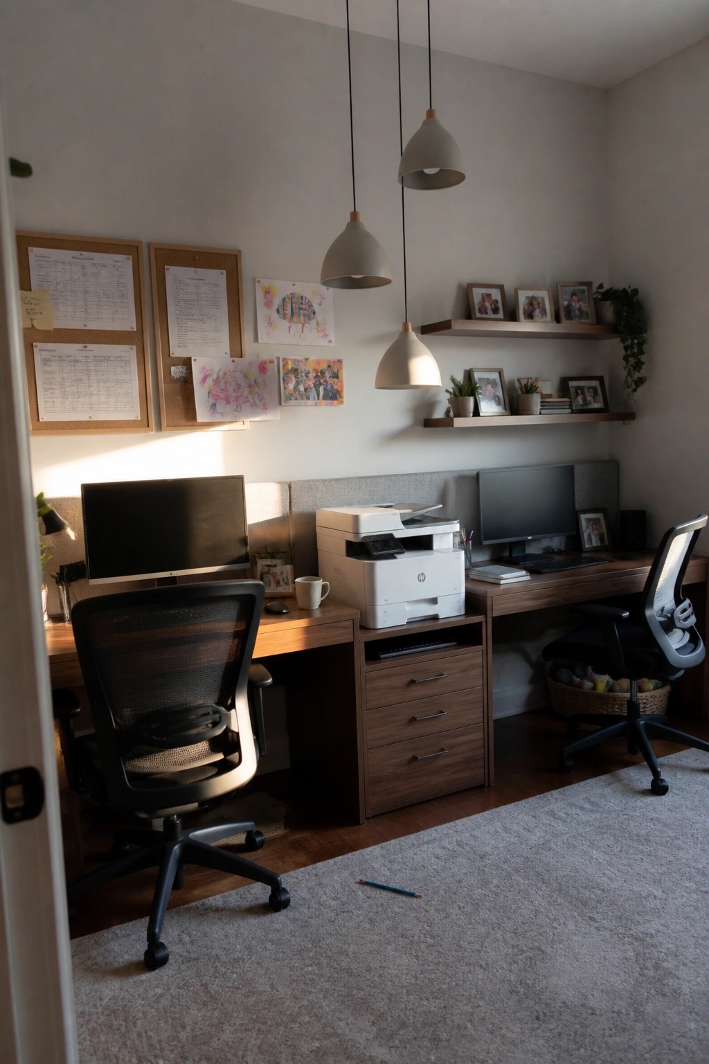 Modern home office with wooden desks, two chairs, printer, monitors, and pendant lights.