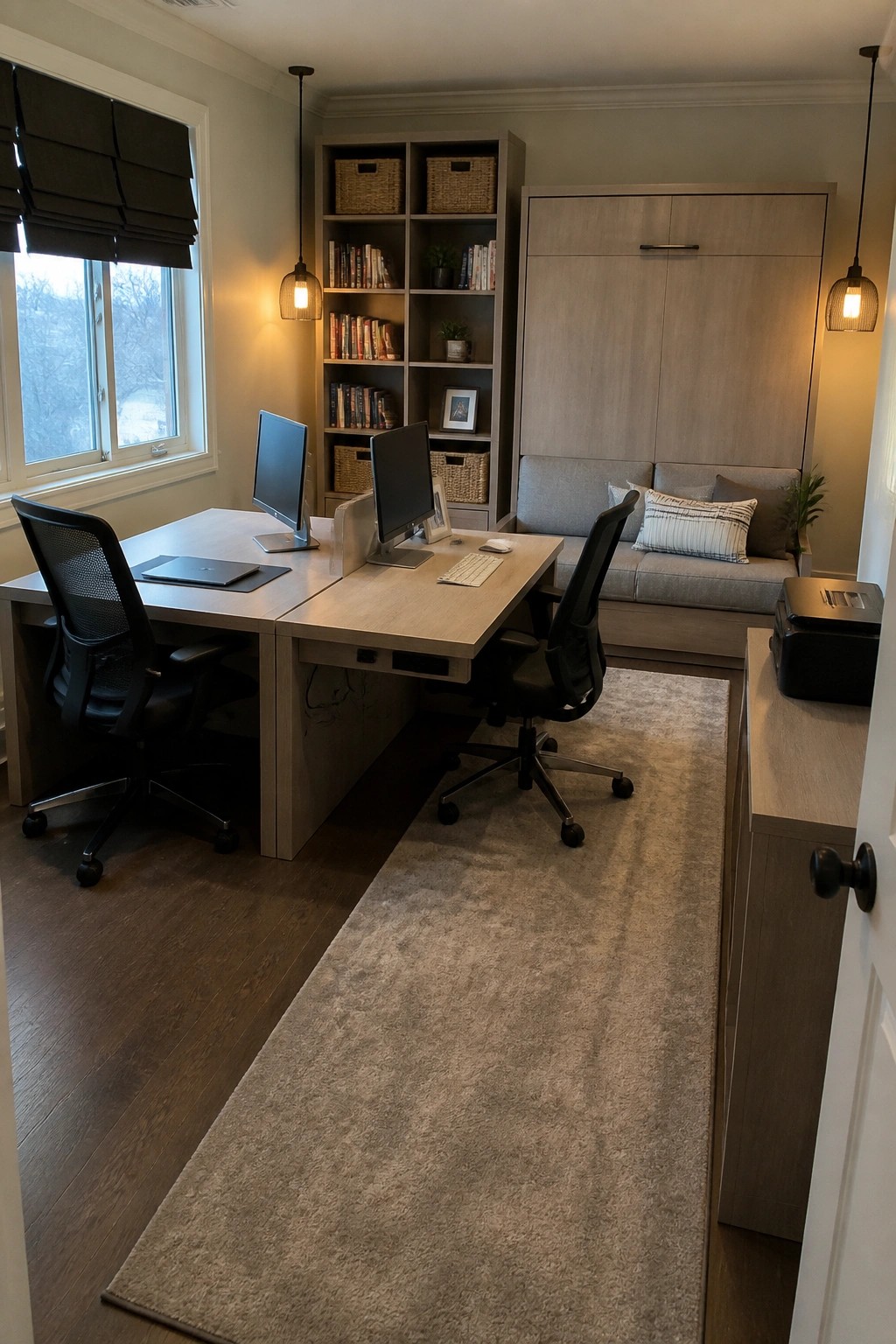 A home office with two desks facing slightly toward each other, each with a monitor and chair, plus built-in shelves, a sofa, and a large area rug.