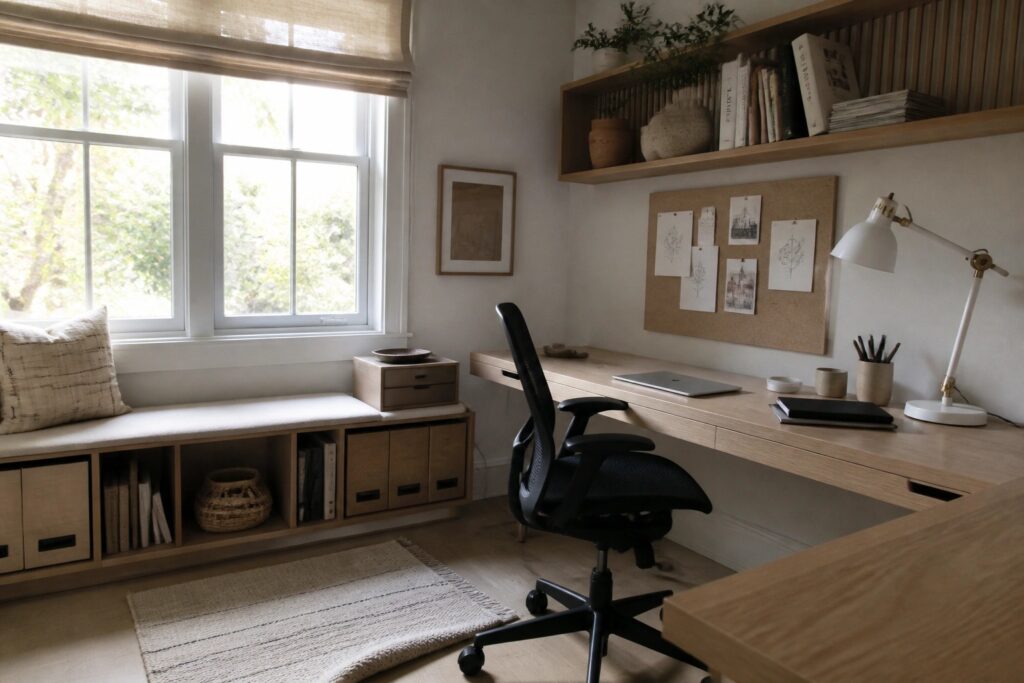 A home office with a light wood built-in desk, overhead shelves, a black office chair, and a window seat with storage bins below.