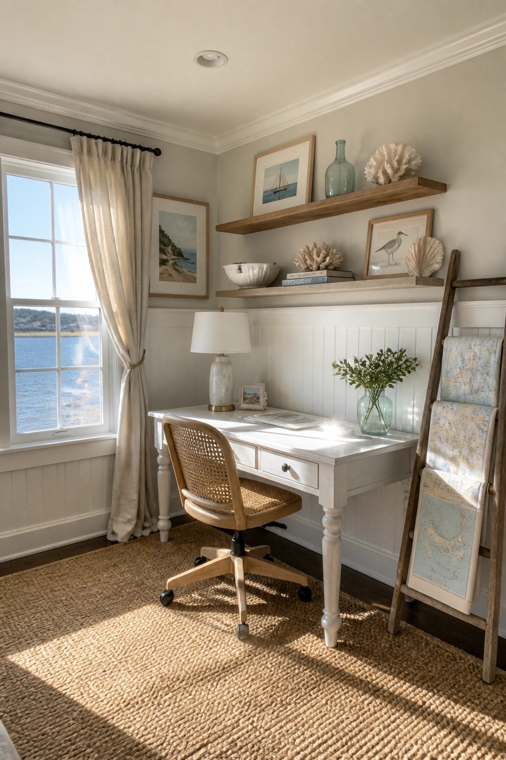 A white desk with a woven chair sits in front of a large window overlooking water, with wooden shelves holding coastal items above the desk.