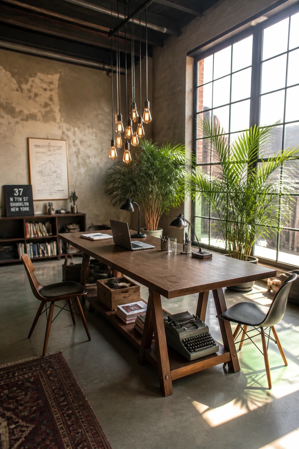 A large wooden desk on sawhorse legs sits in an industrial office space with two modern chairs, hanging pendant lights, potted palm plants, and a wall of windows.