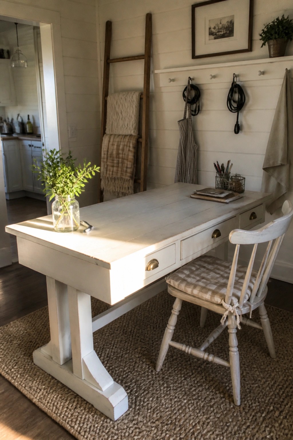 A white wooden desk and spindle chair sit on a jute rug against a wall with peg hooks and a leaning wooden ladder.