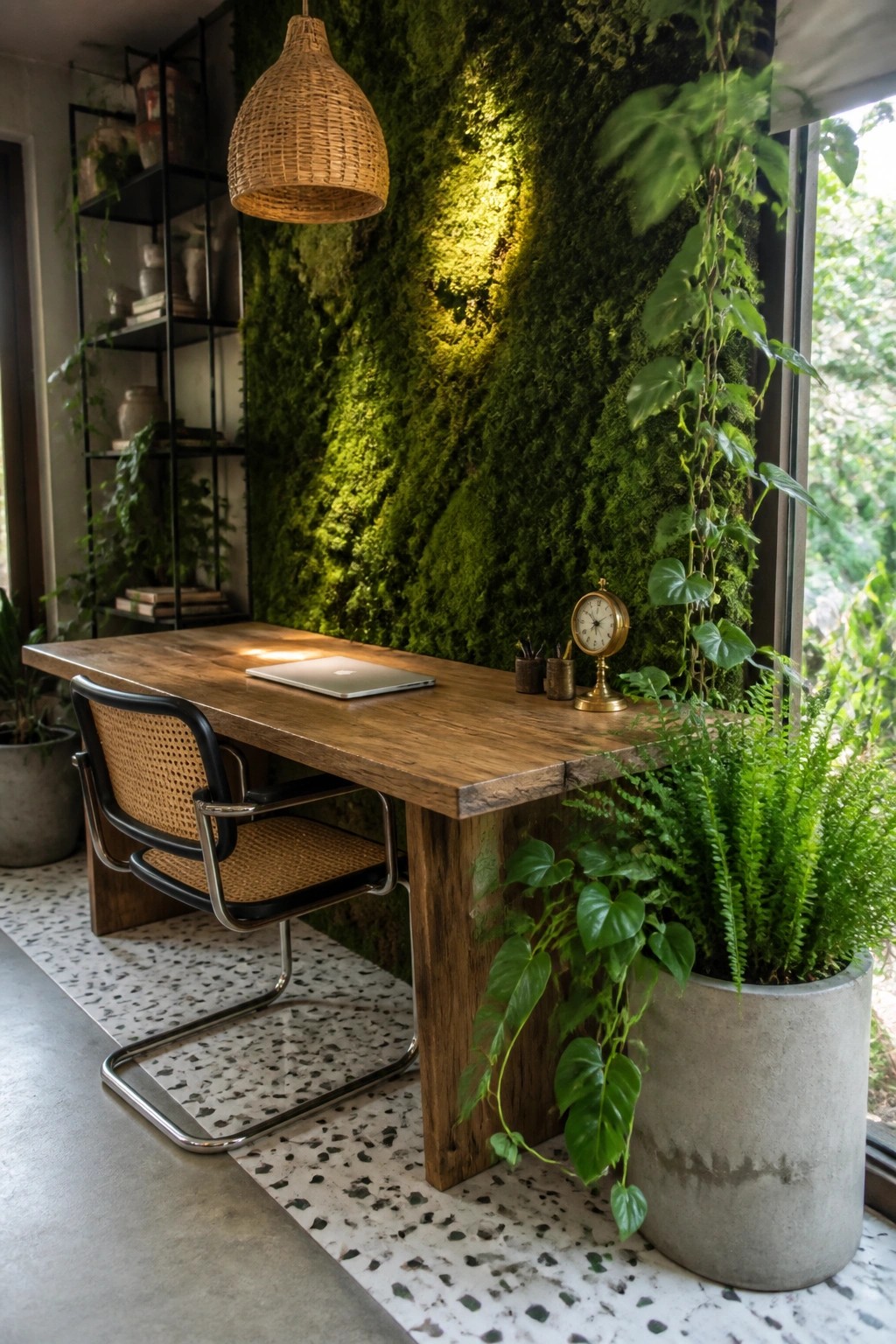 A wooden desk with a laptop faces a large vertical moss wall in a home office, with a woven chair pulled up and potted plants on the floor nearby.