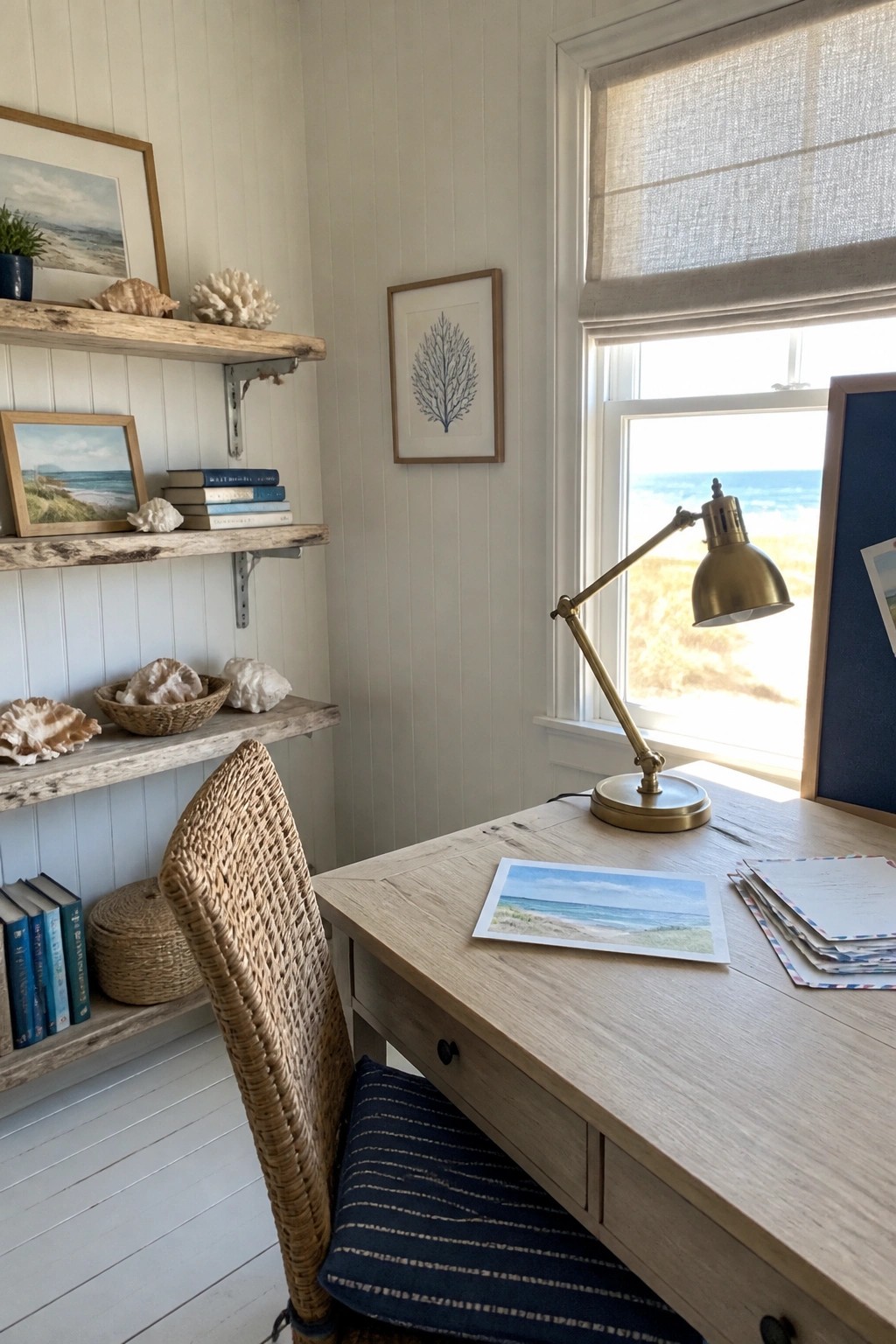 A light wood desk with a brass lamp sits in front of a window overlooking the ocean, next to a wicker chair and rustic wood shelves holding books and seashells.