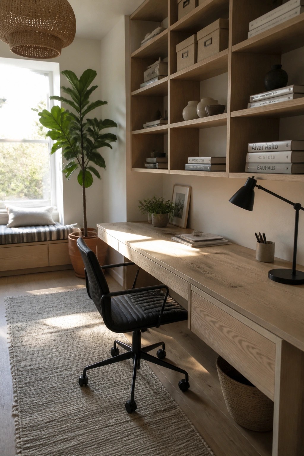 Sunlit wooden desk with black chair, built-in shelves, plant, and window seat.