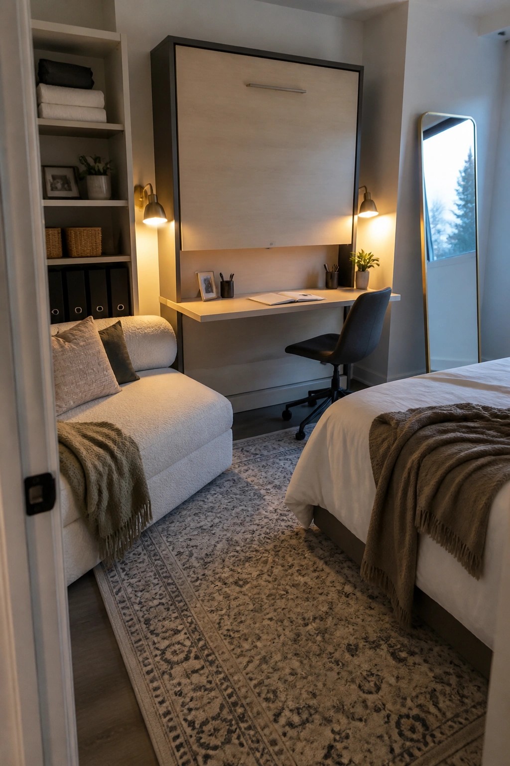 A bedroom interior showing a built-in desk with a large overhead cabinet, black office chair, wall sconces, patterned rug, white sofa, and part of a bed.