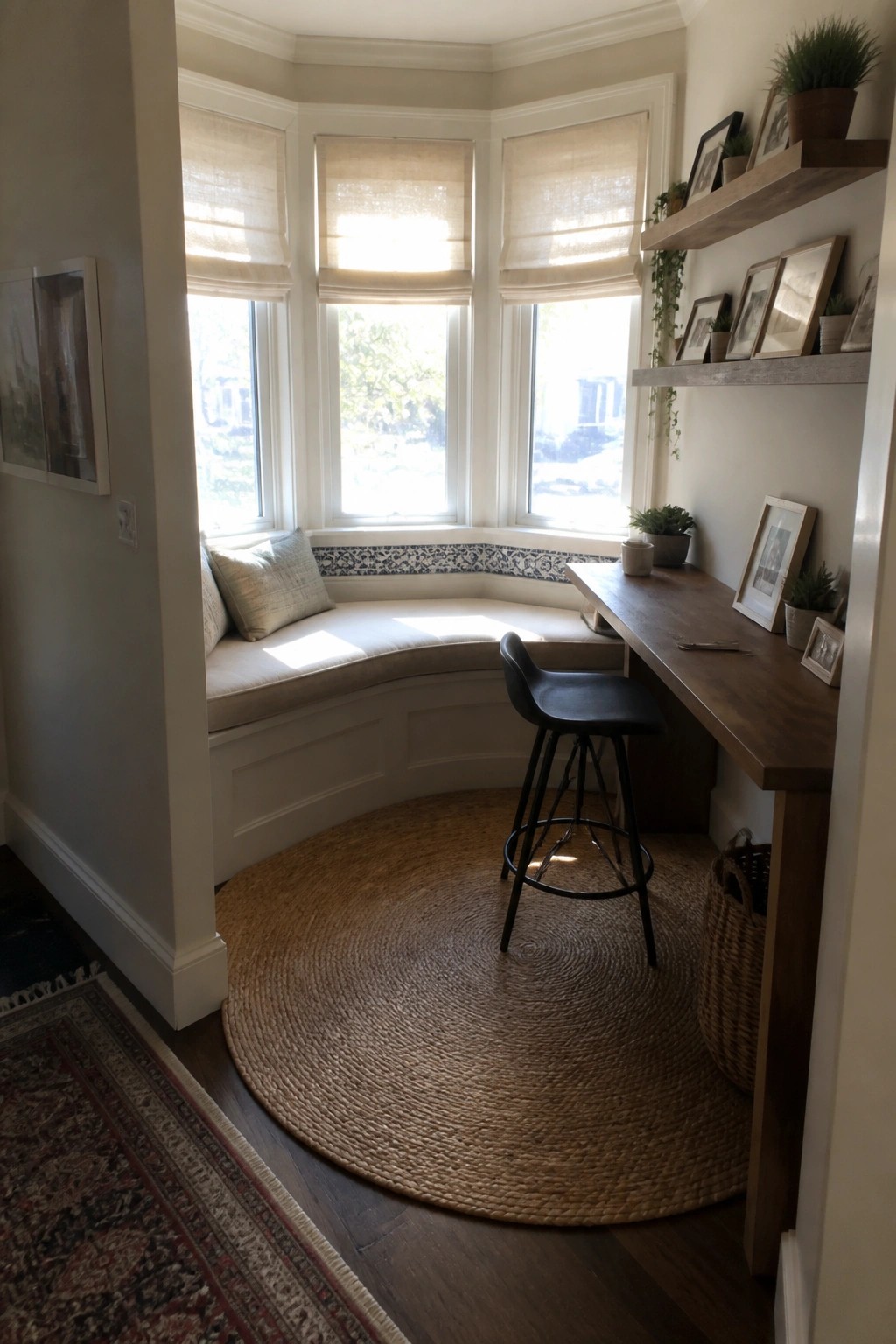 A home office with a curved wooden desk, black stool, and built-in cushioned seat in a bay window, plus floating shelves on the adjacent wall.