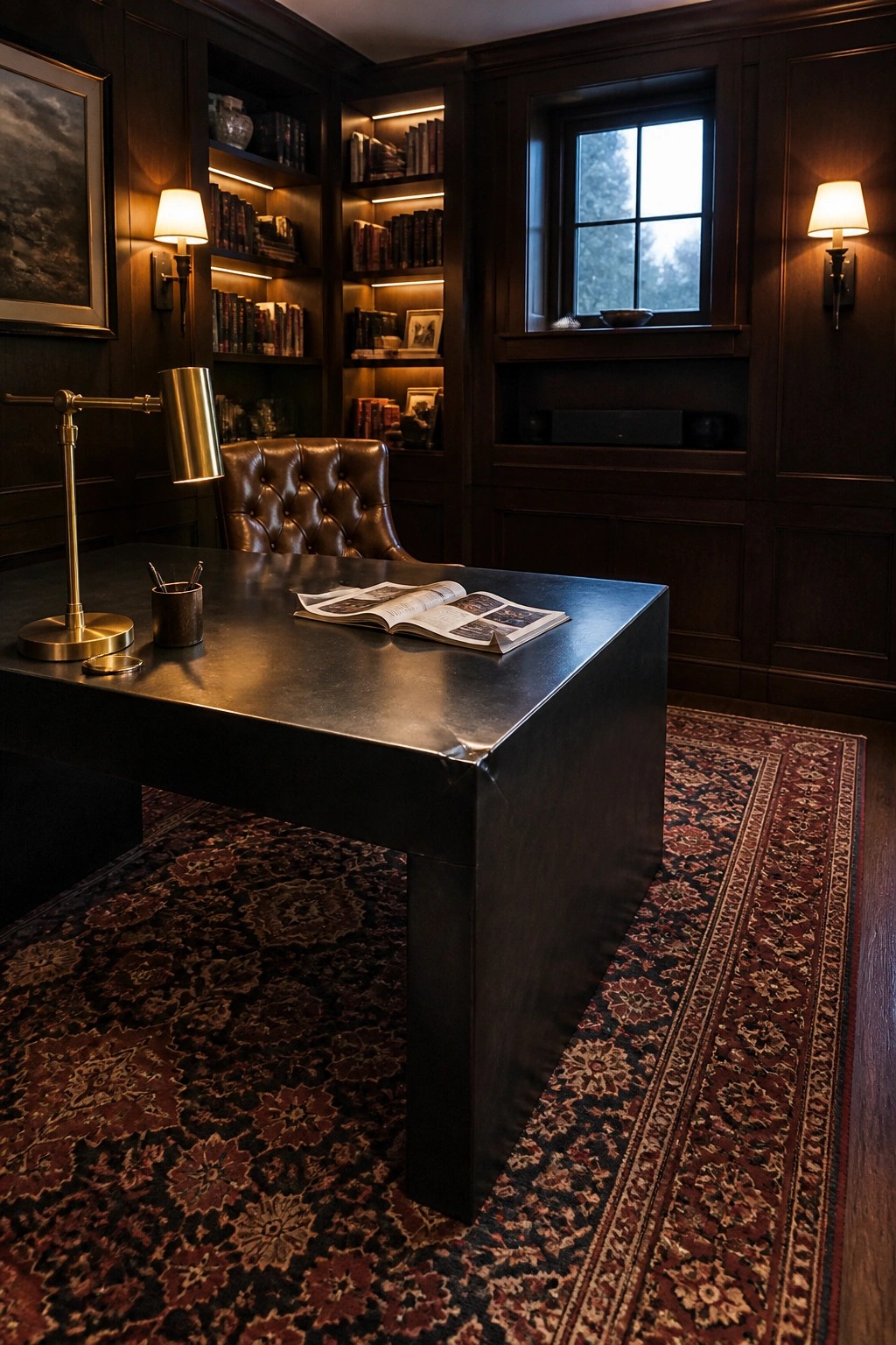 A home office with dark wood built-in bookshelves, a large black desk, a brown leather chair, and two wall sconces.