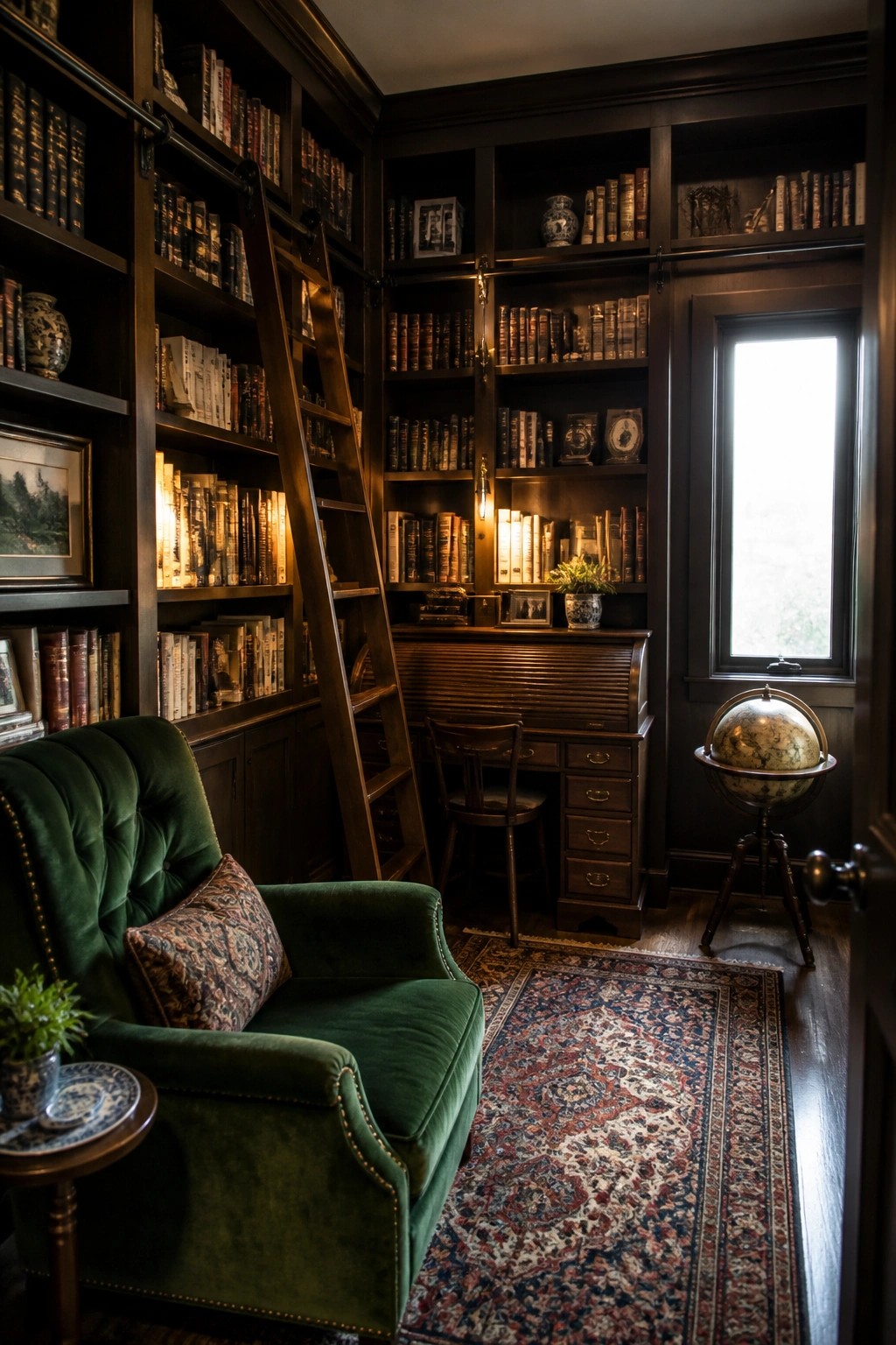 Dark wood library with rolling ladder, green velvet chair, globe, and Persian rug.