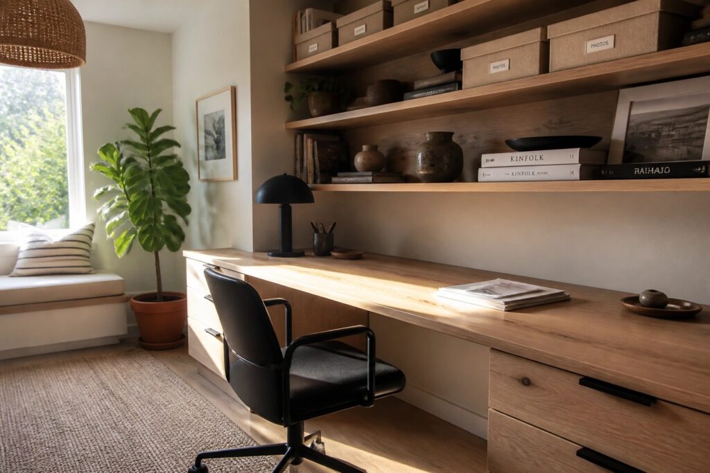 Sunlit wooden desk with black chair, built-in shelves, plant, and window seat.