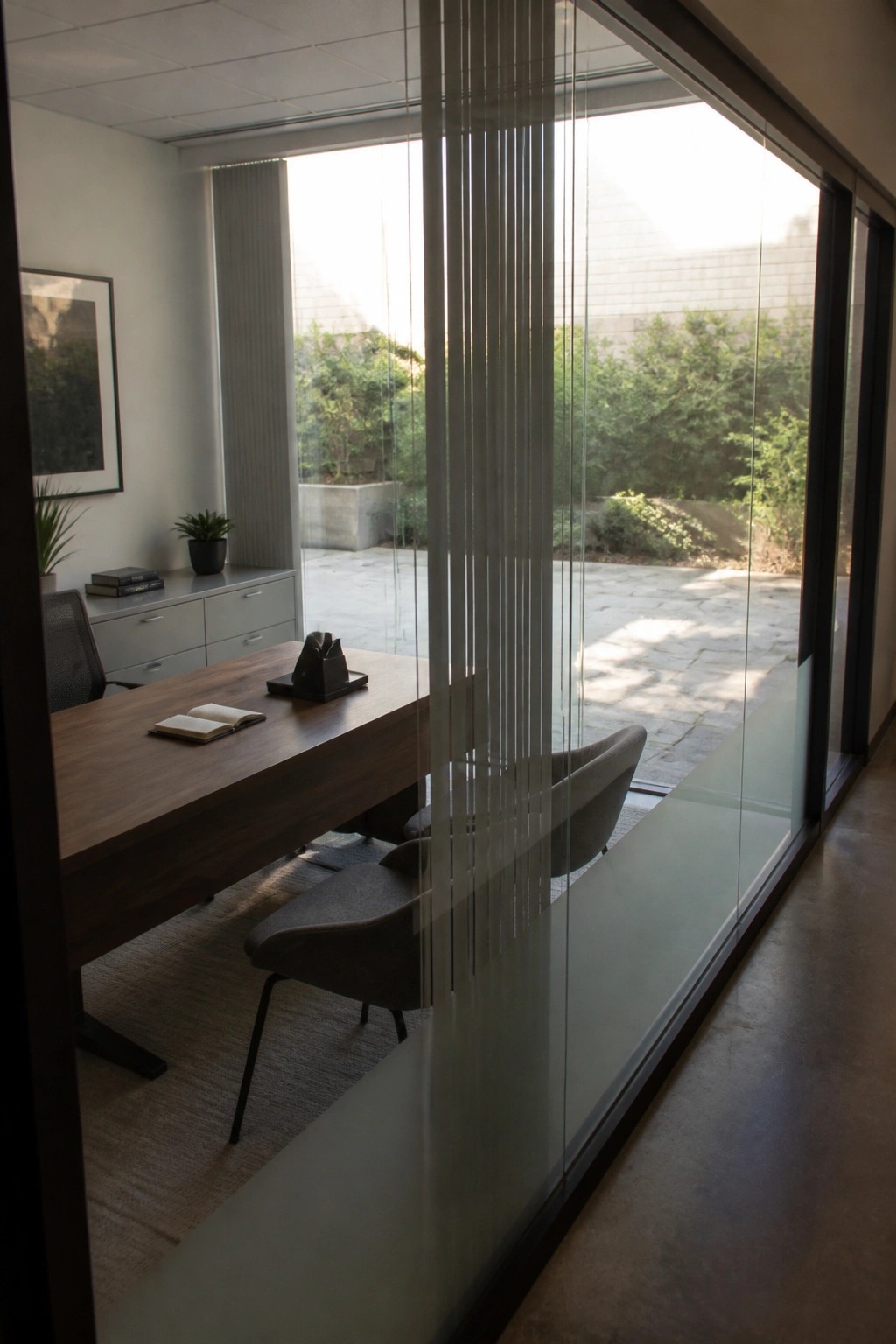 A modern home office interior with a long wooden desk, two gray upholstered chairs, and an open book, viewed through floor-to-ceiling glass sliding doors that lead to a stone patio and garden.