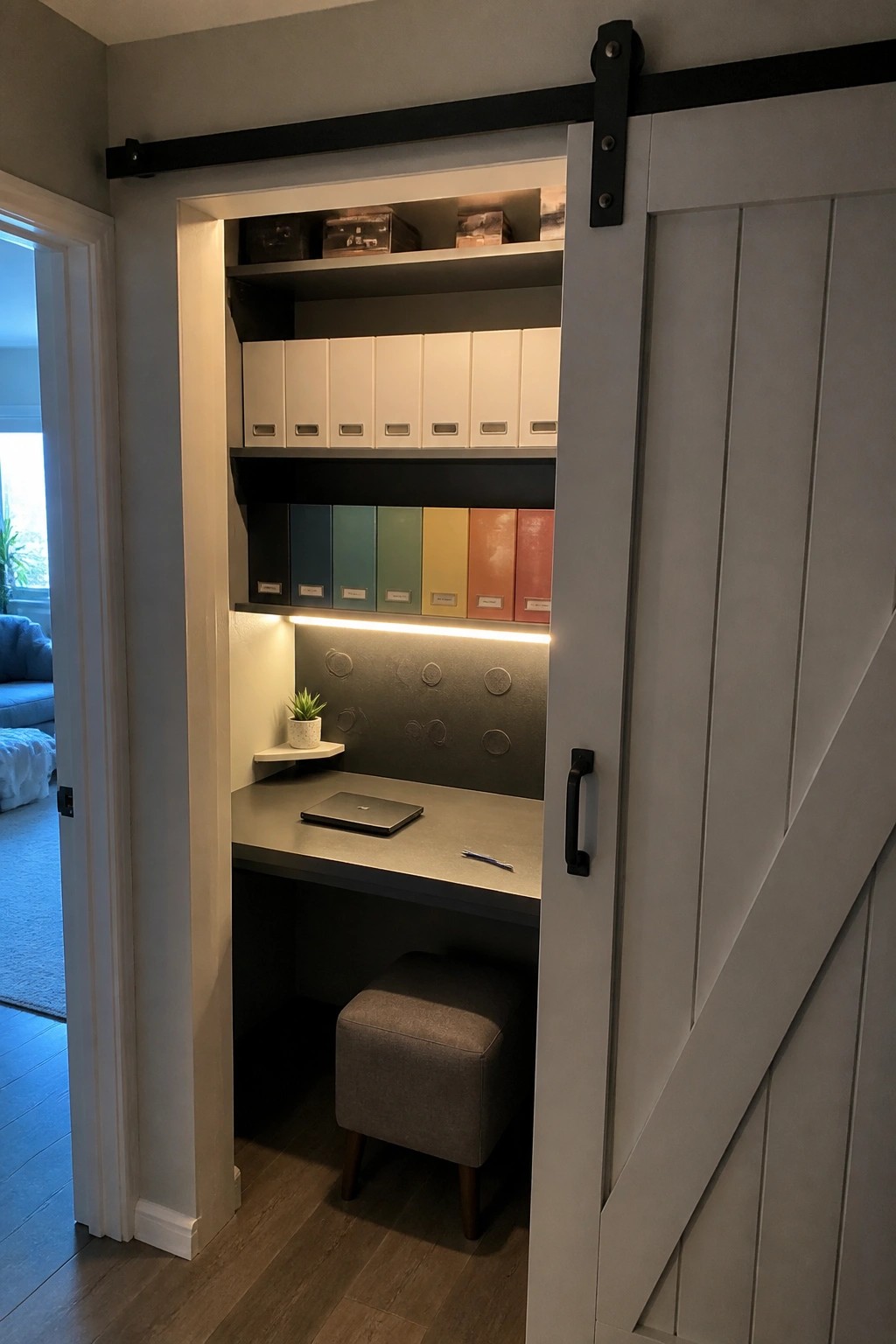 A built-in office nook inside a room with a gray sliding barn door open, showing shelves of binders, a desk with a laptop, LED strip lighting, and a small stool.