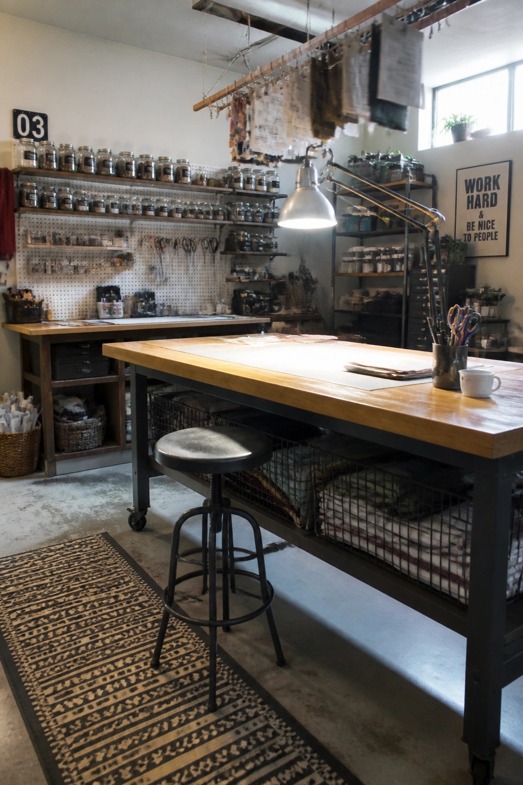 A large wooden work table with a black stool and wire storage baskets underneath sits in a bright craft studio with pegboard walls and shelves of jars.