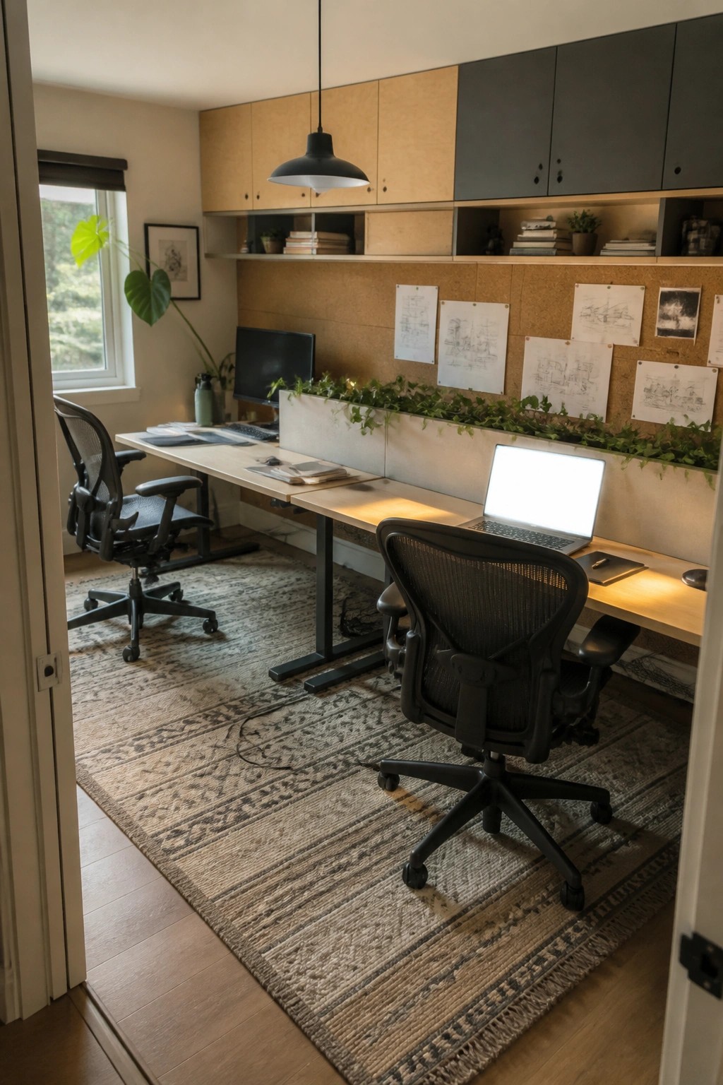 A home office with a long desk under light wood upper cabinets and open shelves, a corkboard wall with drawings pinned to it, two black office chairs, and a laptop on the desk.