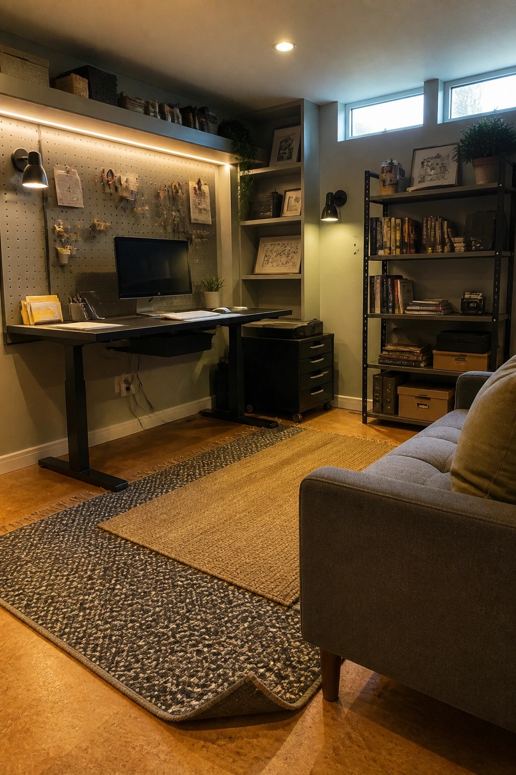 A home office featuring a standing desk with monitor, an illuminated pegboard wall with pinned items, built-in shelves, and layered rugs on a wood floor.