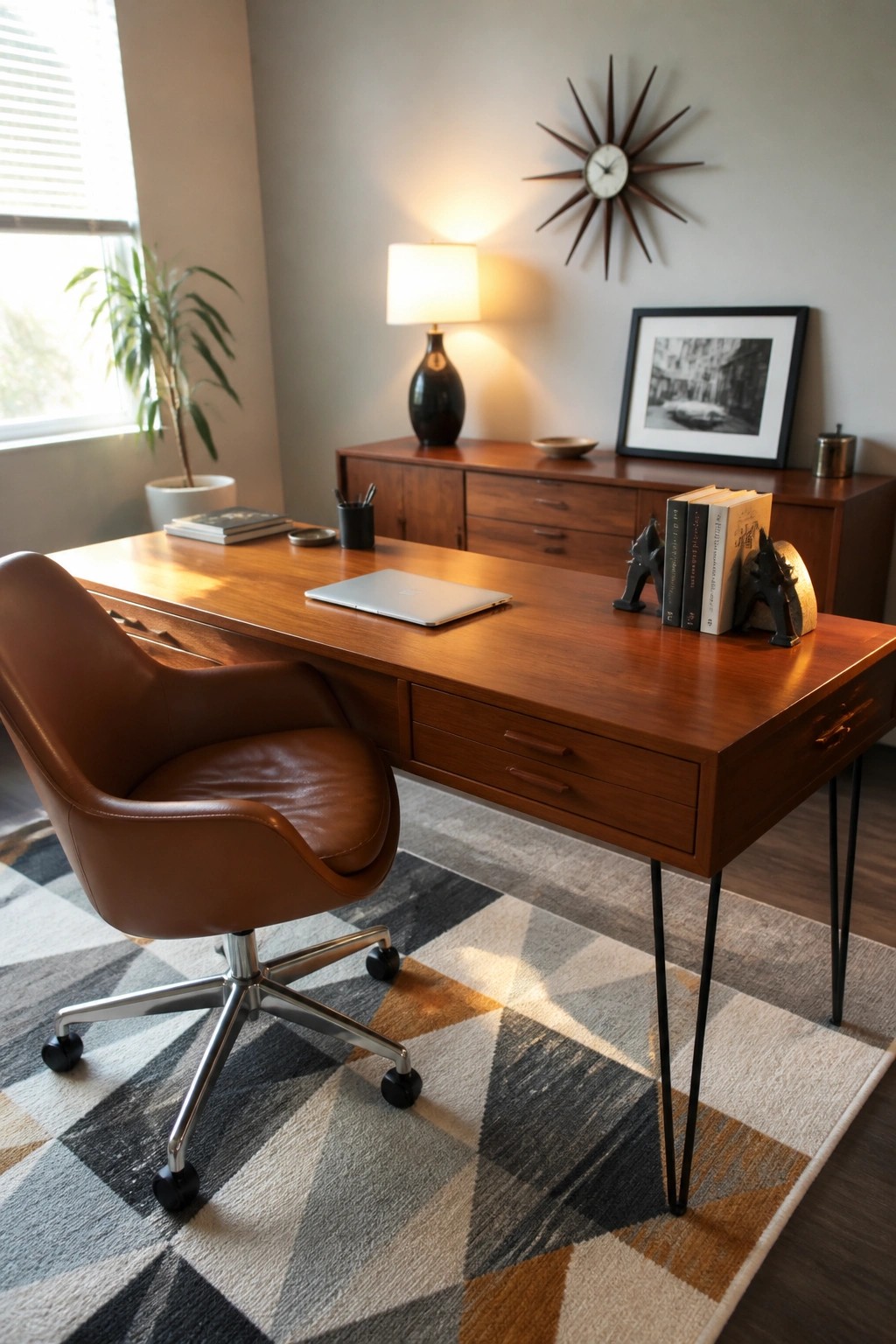 Mid-century wooden desk with brown leather chair, laptop, and geometric rug in office