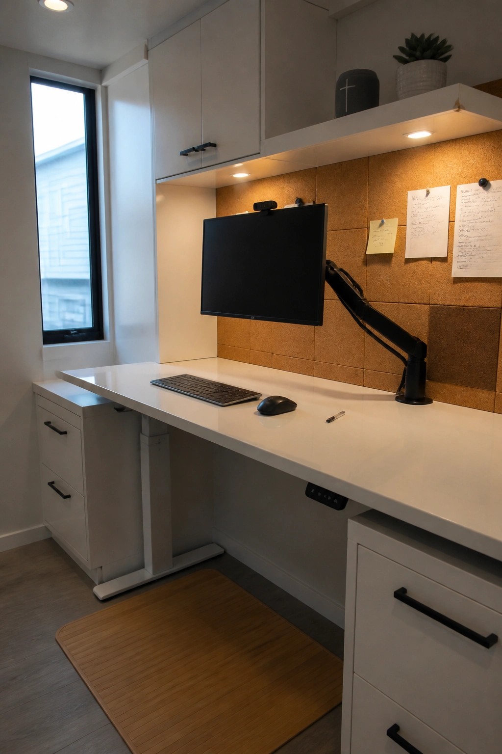 A compact modern home office with a white built-in desk, wall-mounted monitor on a black arm, and corkboard wall with papers.