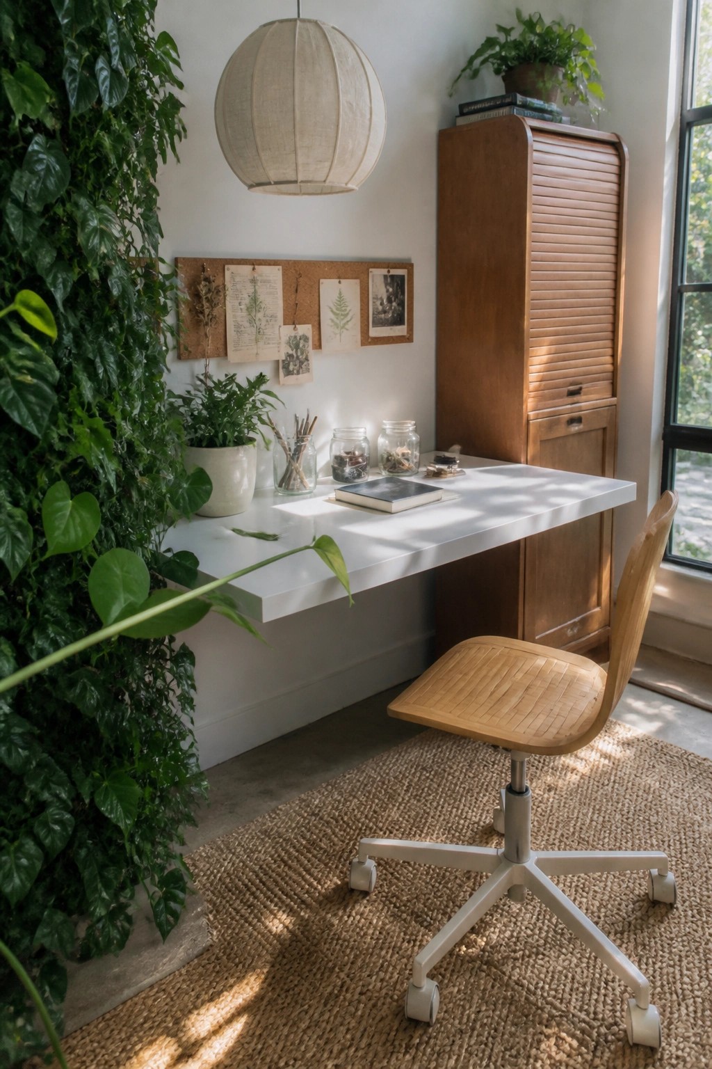 A home office with a white floating desk, wooden chair on a woven rug, tall wooden cabinet, and a large vertical garden of green plants on the left wall.