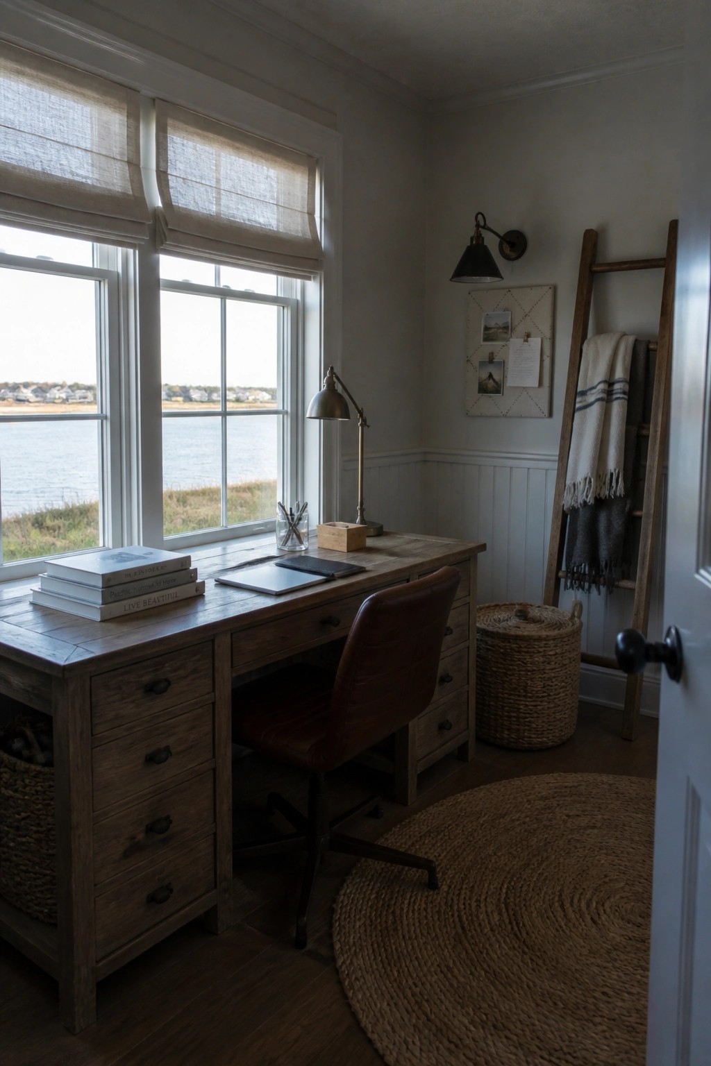 Rustic wooden desk with leather chair in cozy home office overlooking water.