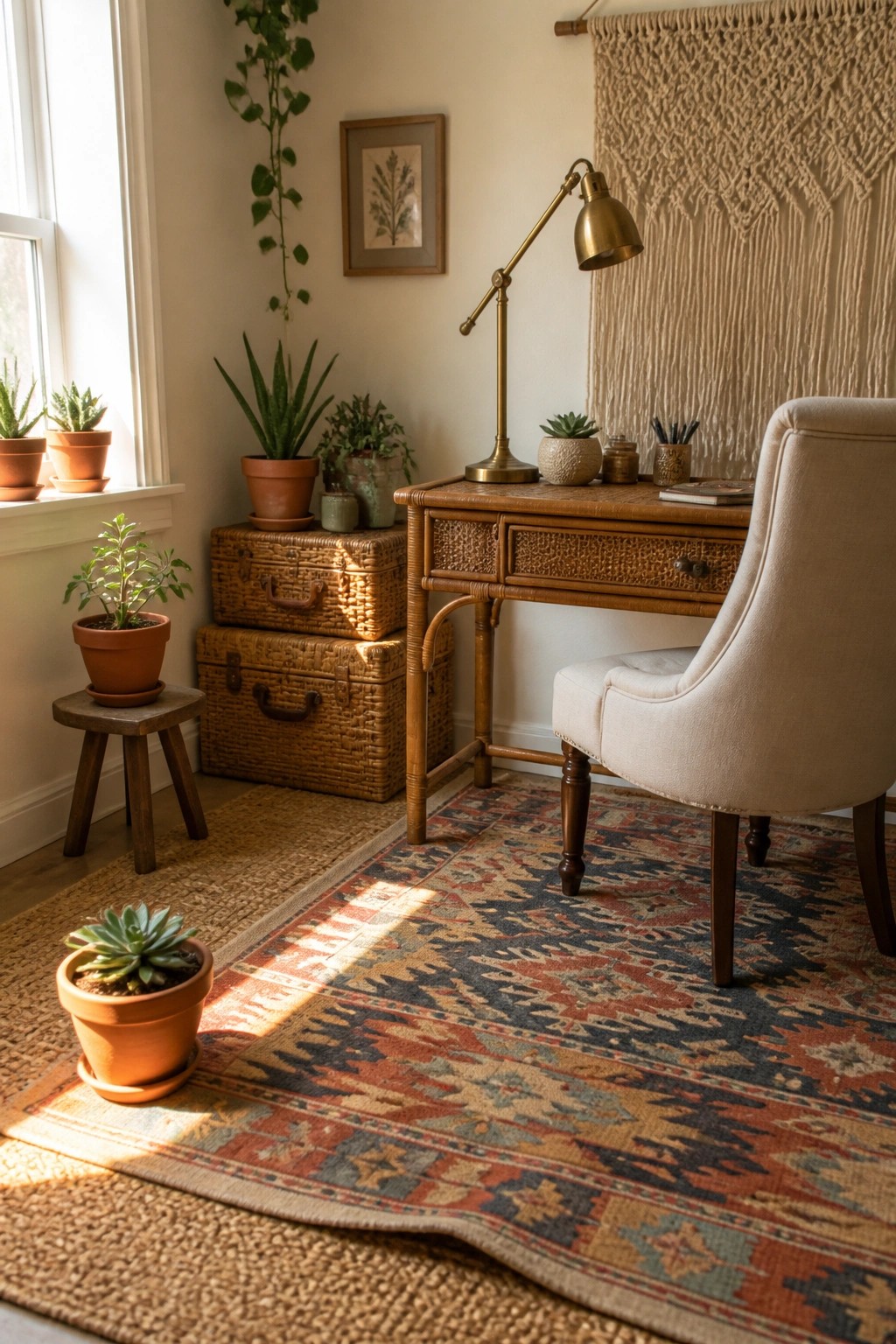 A neutral home office with a rattan desk, upholstered chair, brass lamp, macrame wall hanging, woven trunks, and multiple potted plants arranged on layered rugs.