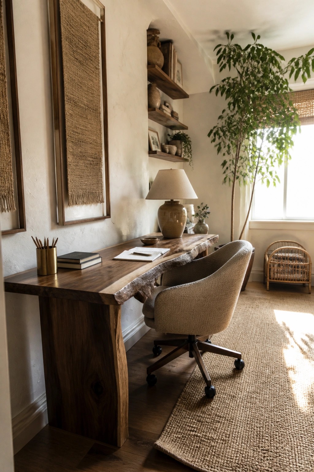 A home office with a live-edge wooden desk, beige upholstered office chair, jute rug, framed burlap wall art, and floating wooden shelves holding books and pottery.
