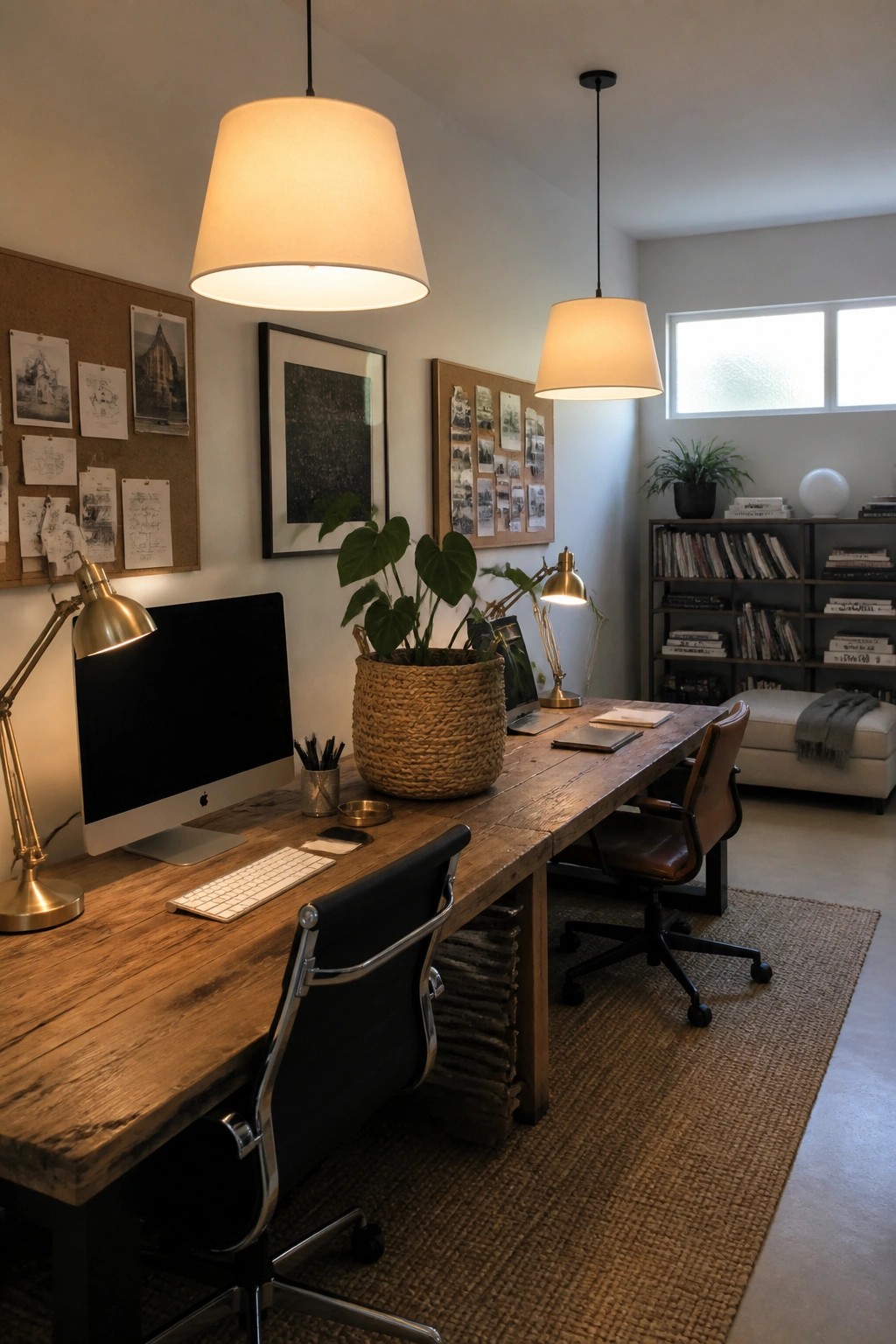 Rustic wooden desk with computer, leather chairs, plants, and hanging pendant lights in office.