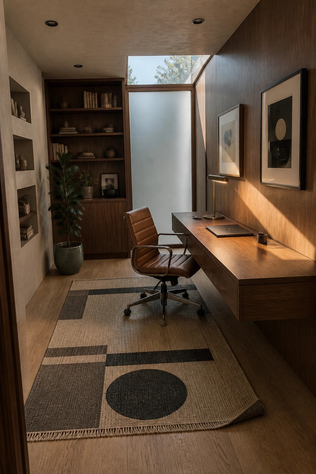 A home office featuring a long floating wooden desk, a brown leather office chair on a geometric rug, built-in wooden bookshelves, and a skylight above.