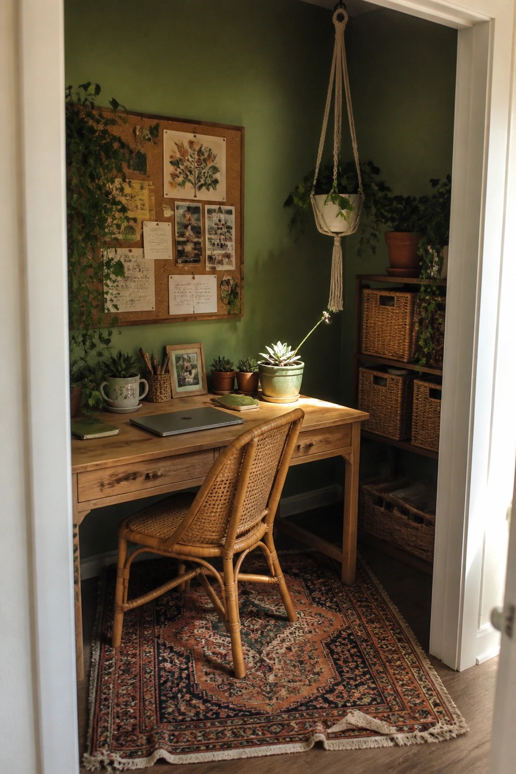 Cozy wooden desk with laptop, rattan chair, potted plants, and green wall corkboard.