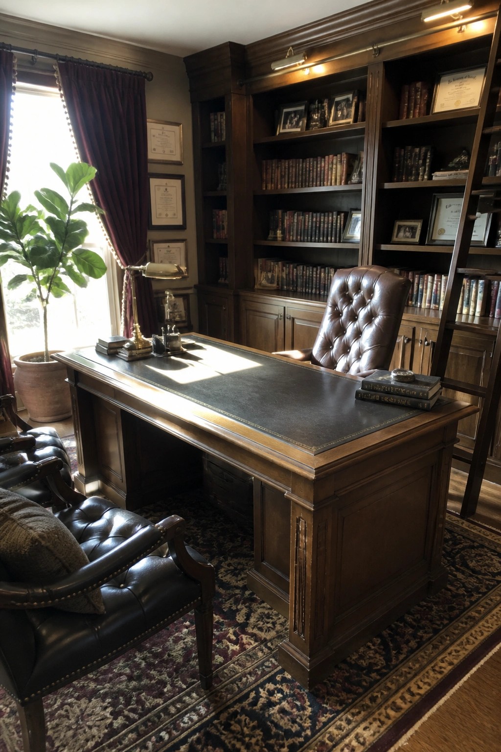 A home office featuring a large wooden desk with a dark leather top, a brown tufted leather chair, and floor-to-ceiling dark wood built-in bookshelves filled with books and framed documents.