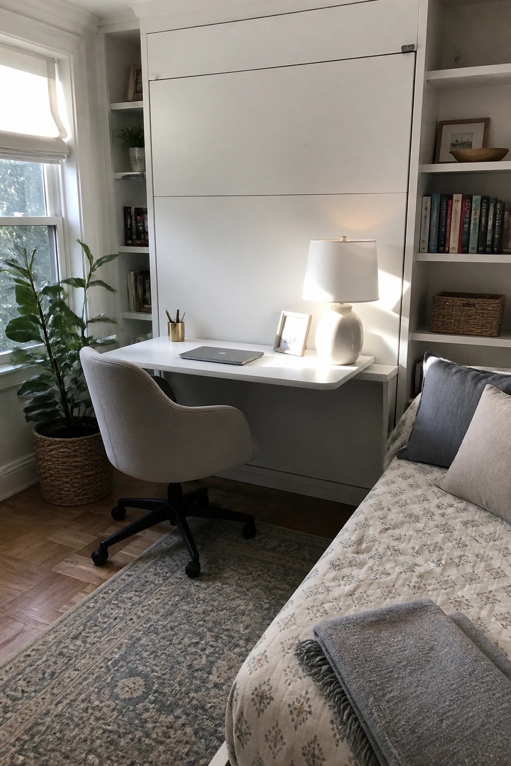 A bedroom interior showing a white built-in desk and cabinet unit beside a bed, with a gray office chair, laptop, lamp, and potted plant near the window.