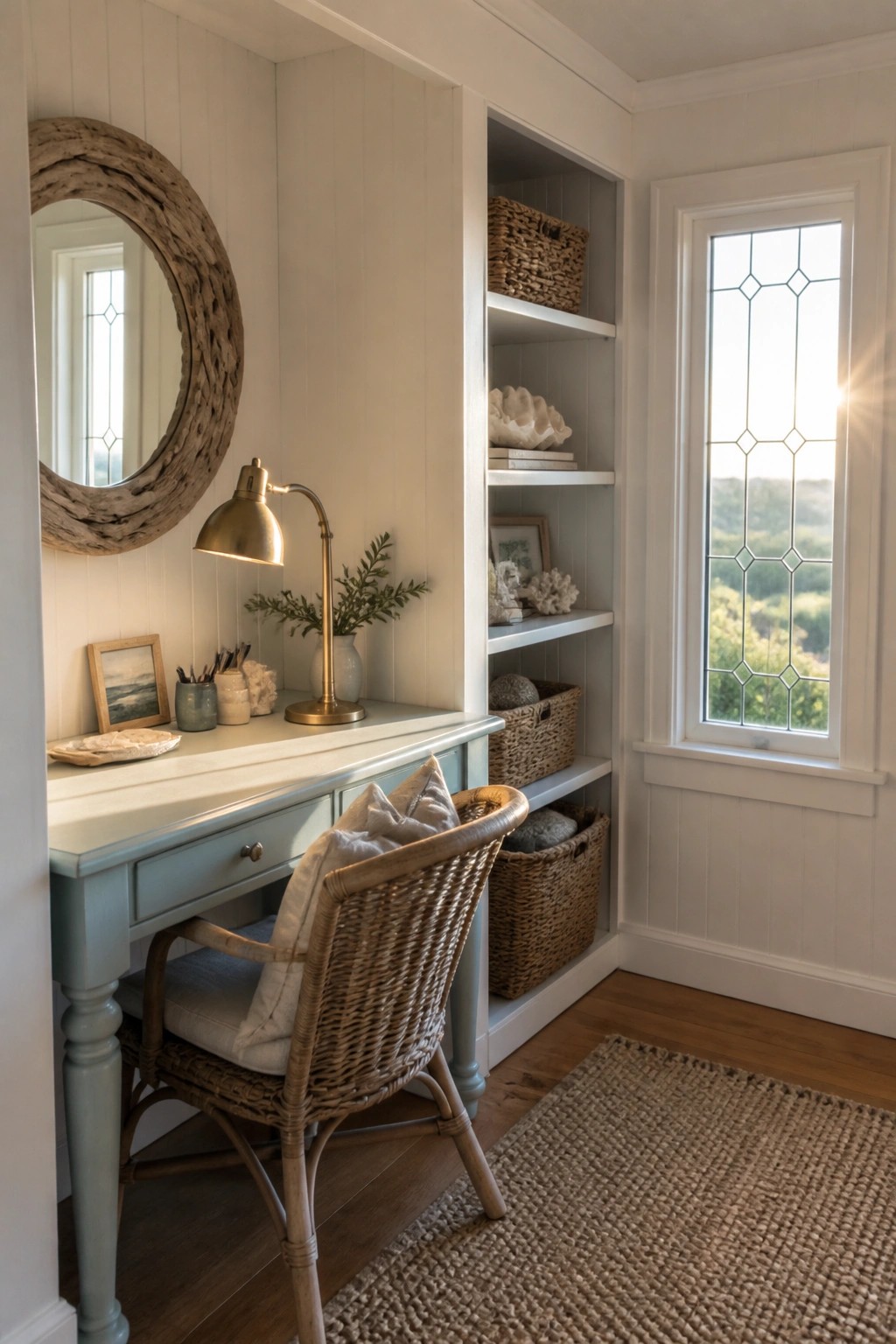 Light blue desk and wicker chair in bright coastal nook with shelves and window.