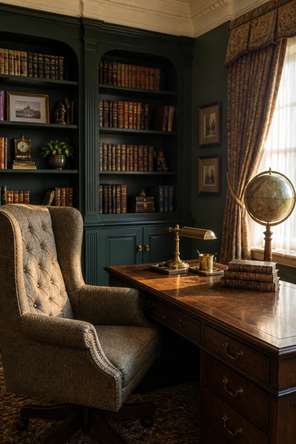 A wooden desk with a tufted wingback chair faces dark green built-in bookshelves filled with books, with a brass lamp and globe on the right side near a window.