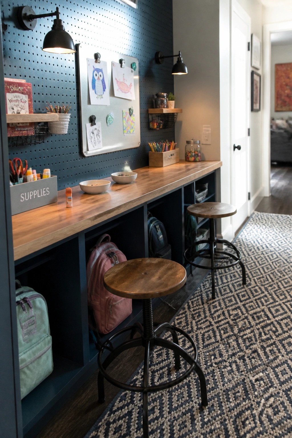 A wooden desk with dark blue open cubbies below holds backpacks and supplies, with two wooden stools in front and a pegboard wall with papers above.