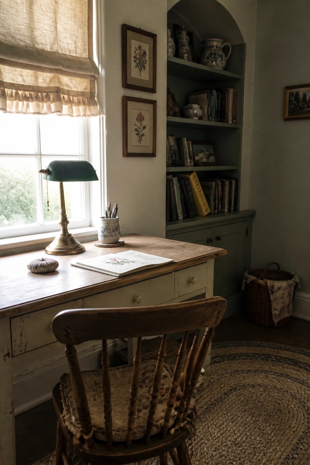 A wooden desk with an open notebook and a green lamp sits in front of a window, next to a wooden chair and built-in bookshelves.
