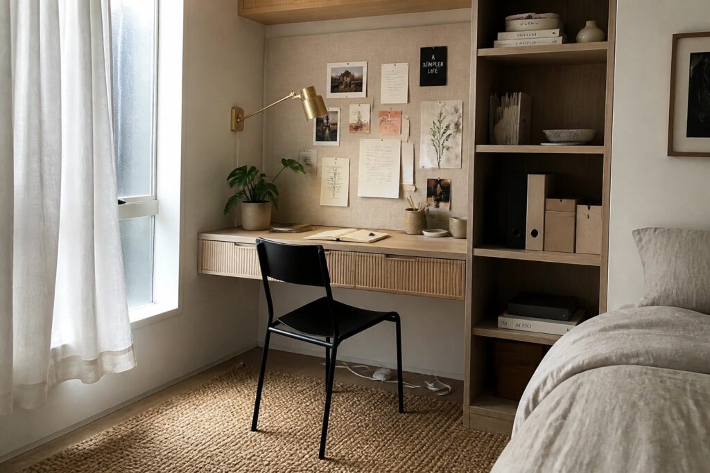 A light wood built-in desk with floating shelves above it, a black chair in front, and papers pinned to a board on the wall beside a window.