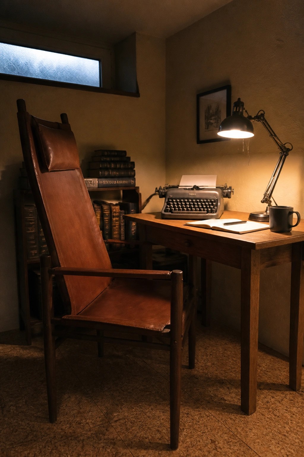 A brown leather chair faces a wooden desk holding a typewriter, open notebook, and lit desk lamp, with bookshelves visible behind.