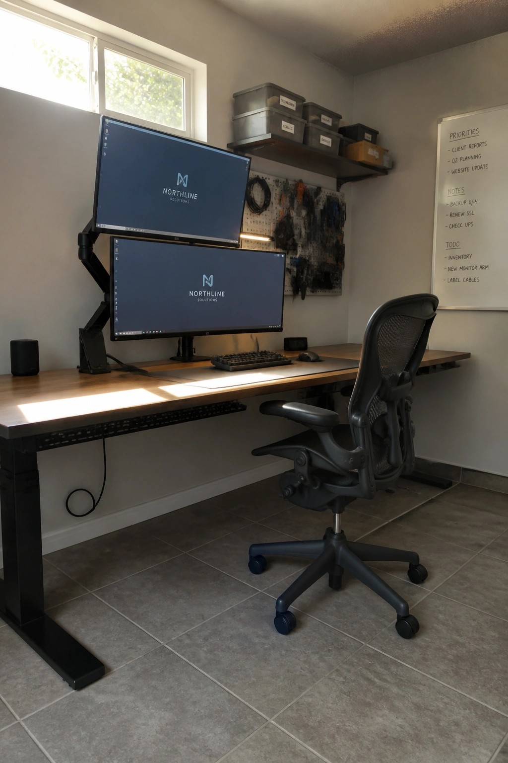 Ergonomic chair at wooden desk with stacked monitors, whiteboard, and pegboard in home office