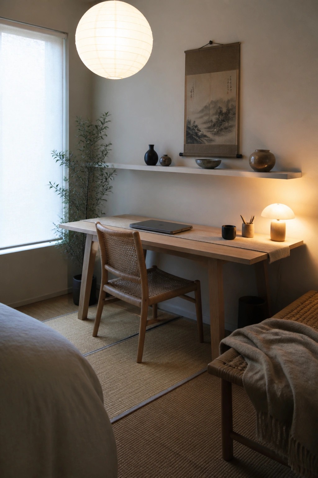 A light wood desk with a woven chair sits under a large round paper lantern beside a window, with a floating shelf holding pottery and a scroll above it.