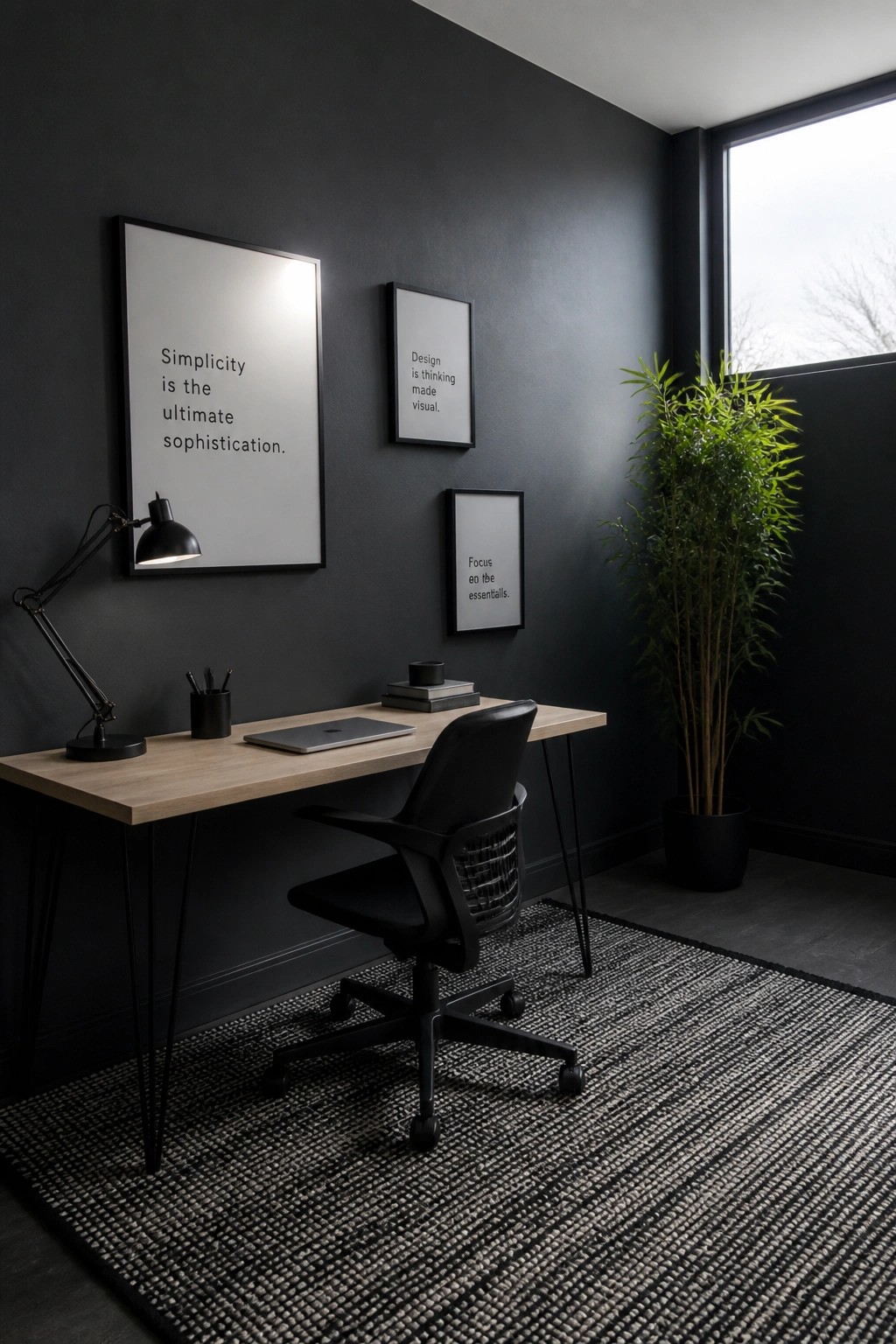 A home office features a light wood desk against a dark gray wall, with a black office chair, laptop, desk lamp, and three framed text prints.