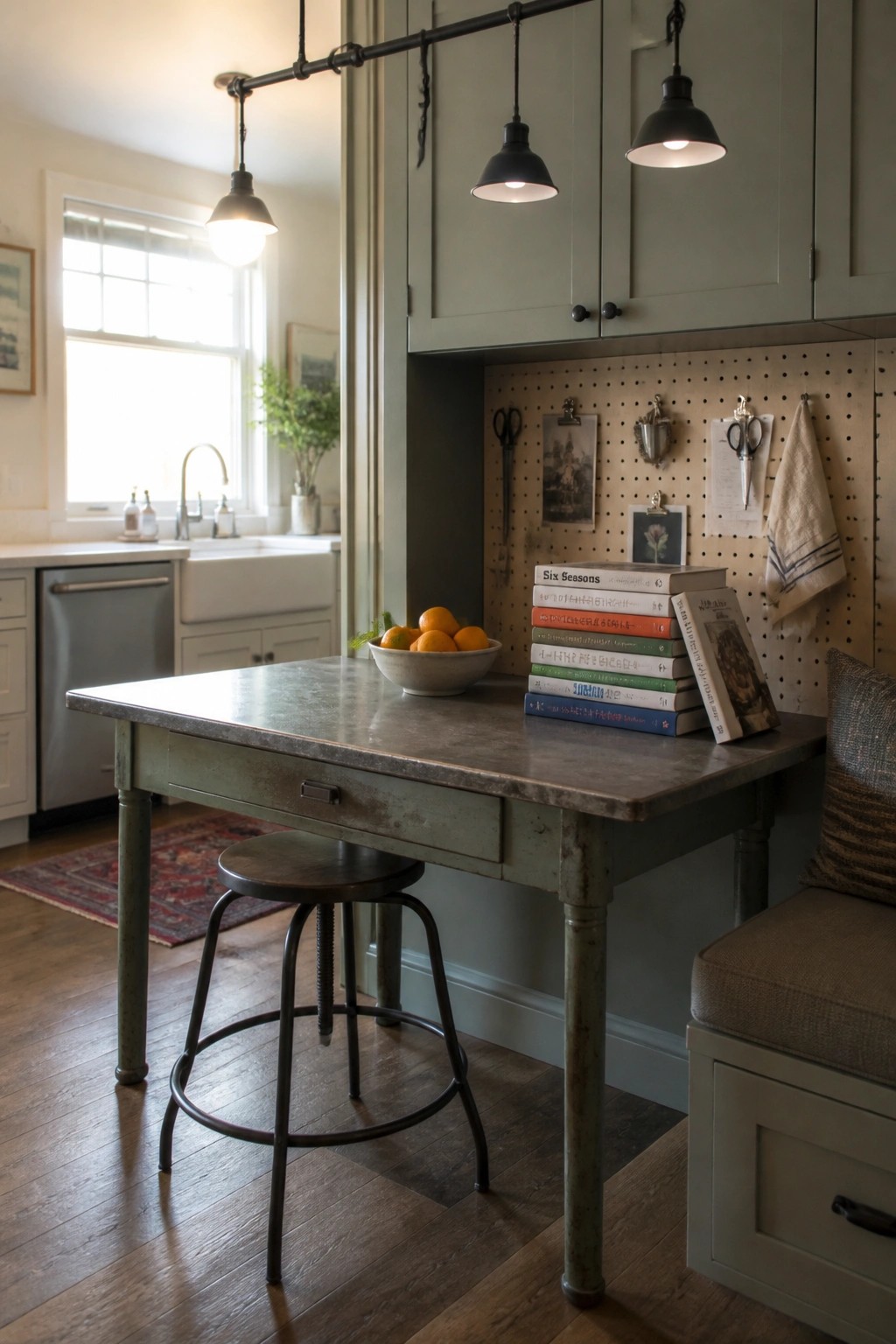 A green work table with a metal top and stool stands in front of a pegboard wall holding books, scissors, and a towel in a kitchen interior.