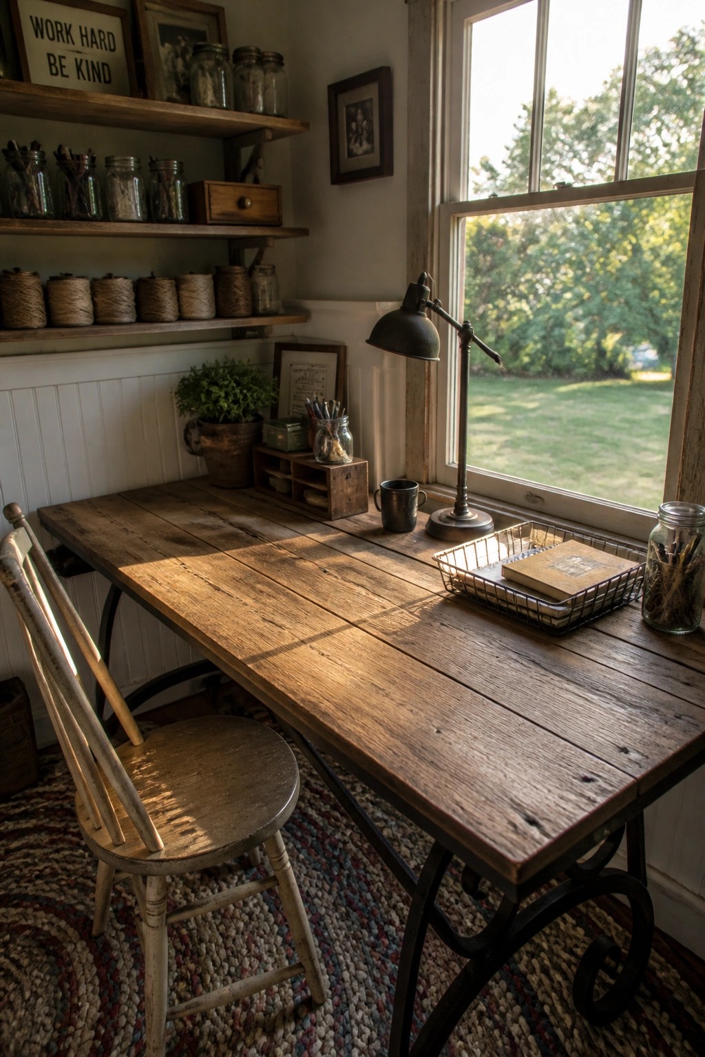 A rustic wooden desk with a chair sits beside a large window in a home office with wall shelves above.