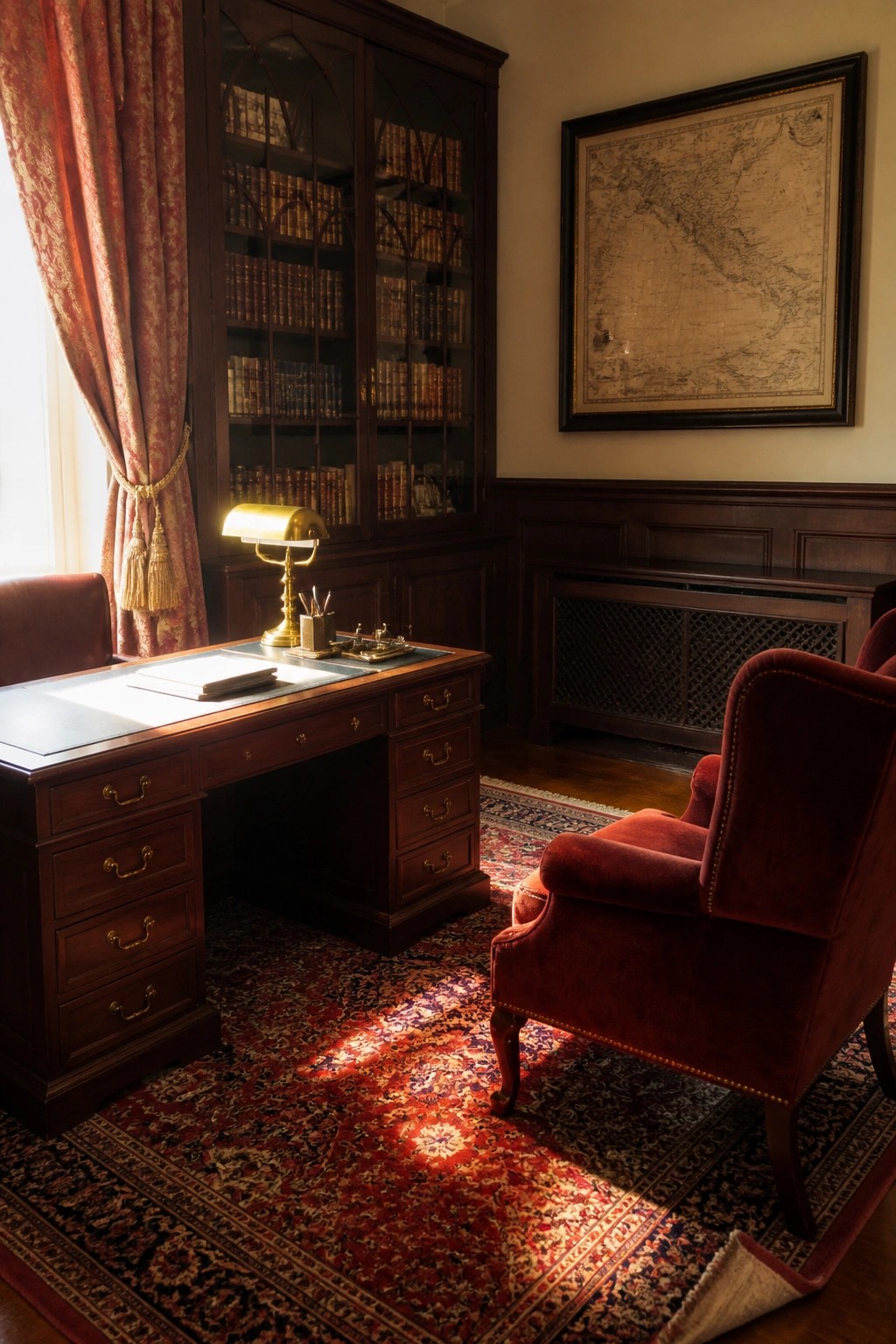 Elegant study with dark wood desk, red velvet chair, bookshelves, and ornate rug in sunlight.